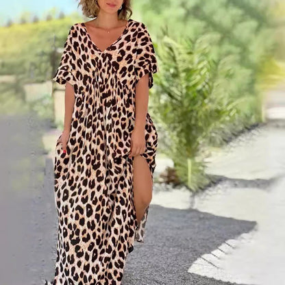 European And American Loose Leopard Print Short Sleeve Length Dress