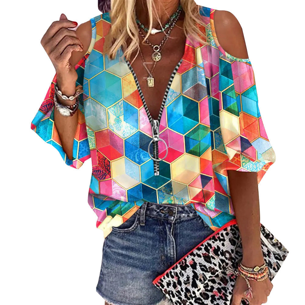 Printed V-neck Zipper Off-the-shoulder Loose Casual Shirt