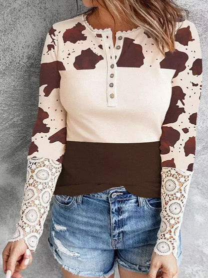 Printed Long-sleeved Top Women's Slim Knit Pullover