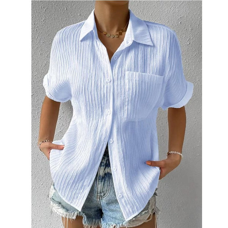 Women's Pure Color Comfort Casual Polo Collar Pocket Short Sleeve Shirt