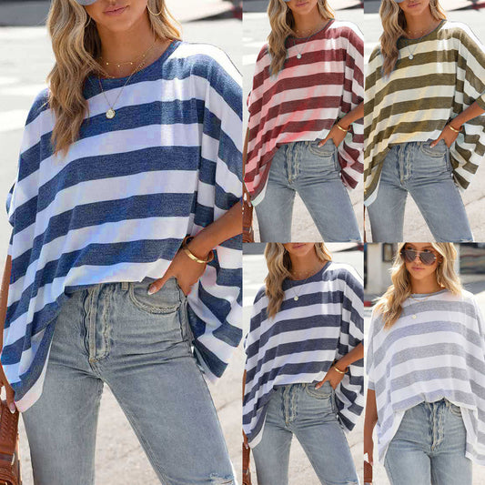 Women's Striped Print Doll Sleeve Loose Casual Top