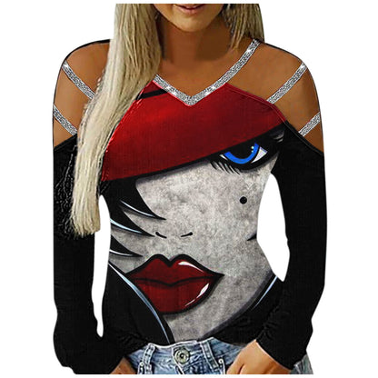 Ladies Casual V-Neck Printed Cutout Off Shoulder Long Sleeve T-Shirt