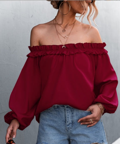 Solid Color Sexy Off-the-shoulder Lantern Sleeve T-shirt Top For Women