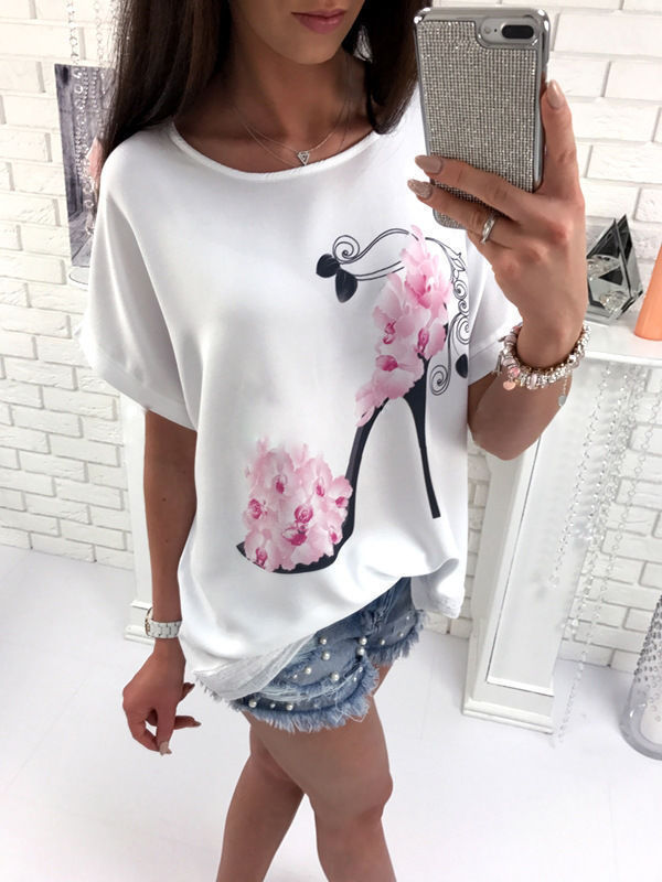 European And American Ladies High Heels Printed Loose Short Sleeve T-shirt